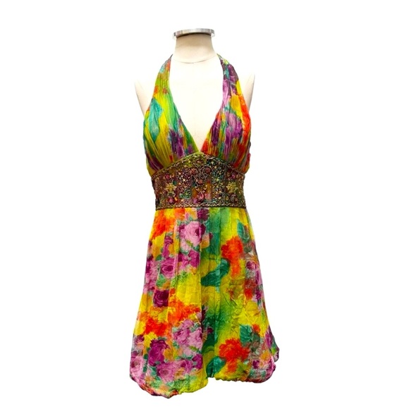 Vintage Sue Wong Y2k Silk Mandalay Style Halter Mini Dress Size 6 - Picture 2 of 10